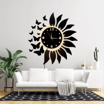 Round Flower With Butterfly MDF Wooden Wall Clock LED Light (RFW)