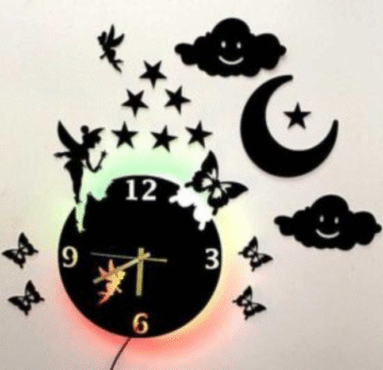 Fairy Wooden Wall Clock with Clouds &#038; butterflies With LED Light (FW1) {LED}